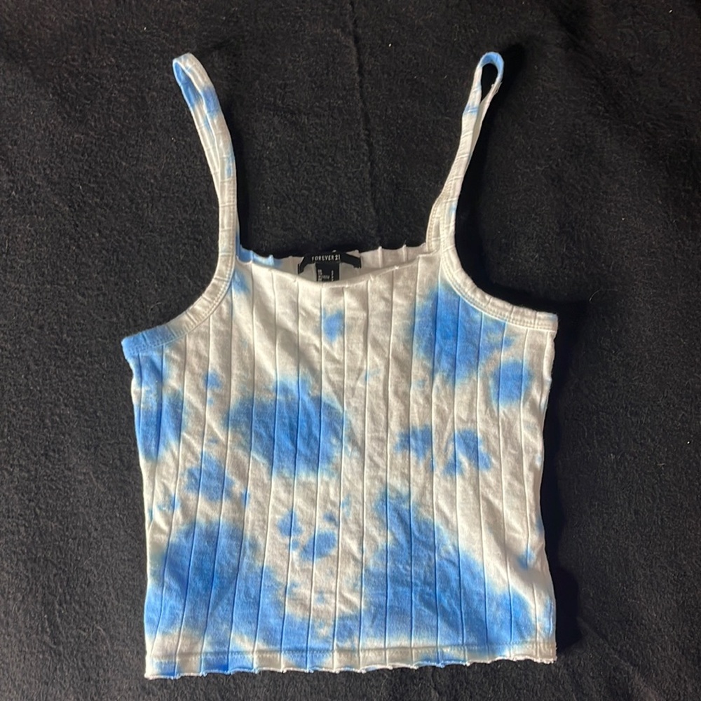 Summer Sky Blue & White Tye-Dye Noodle Strapped Top.